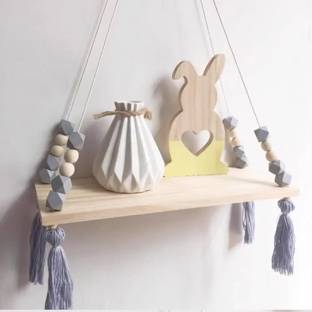 Nordic Wooden Hanging Shelf with Gray Beads and Tassels | Minimalist Boho Nurser